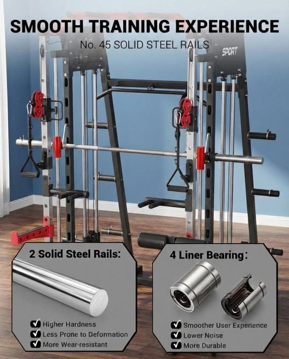 Smith Machine Home Gym, 2200LB Power Cage with Dual Pulley Cable Systems, LAT Pull-Down, Leg Hold-Down & 20+ Attachments for Full Body Workouts