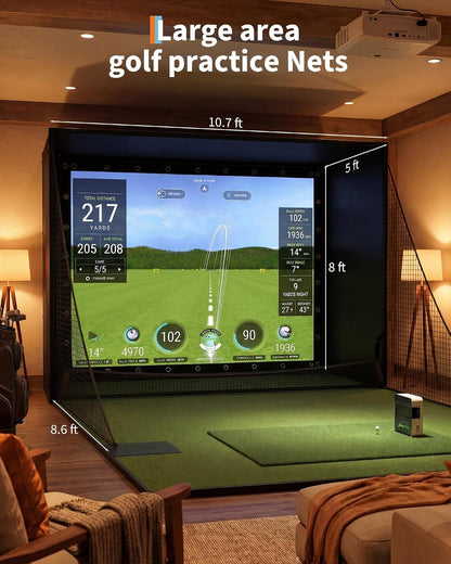 11 X 8 Ft Golf Simulator Enclosure Package, 4K-Compatible Impact Screen with Blackout Cage, Frame Poles, Side Nets, Bottom Fence Mesh and Sandbags, for Indoor or Garage Practice