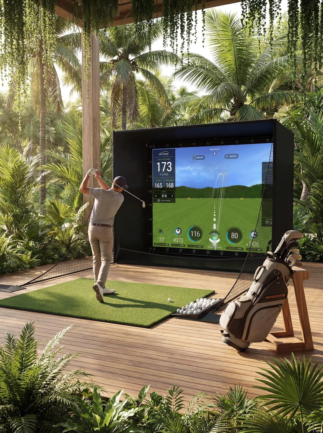 11 X 8 Ft Golf Simulator Enclosure Package, 4K-Compatible Impact Screen with Blackout Cage, Frame Poles, Side Nets, Bottom Fence Mesh and Sandbags, for Indoor or Garage Practice