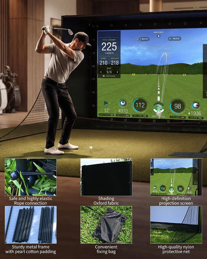 11 X 8 Ft Golf Simulator Enclosure Package, 4K-Compatible Impact Screen with Blackout Cage, Frame Poles, Side Nets, Bottom Fence Mesh and Sandbags, for Indoor or Garage Practice