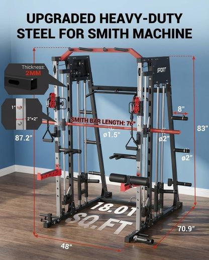 Smith Machine Home Gym, 2200LB Power Cage with Dual Pulley Cable Systems, LAT Pull-Down, Leg Hold-Down & 20+ Attachments for Full Body Workouts