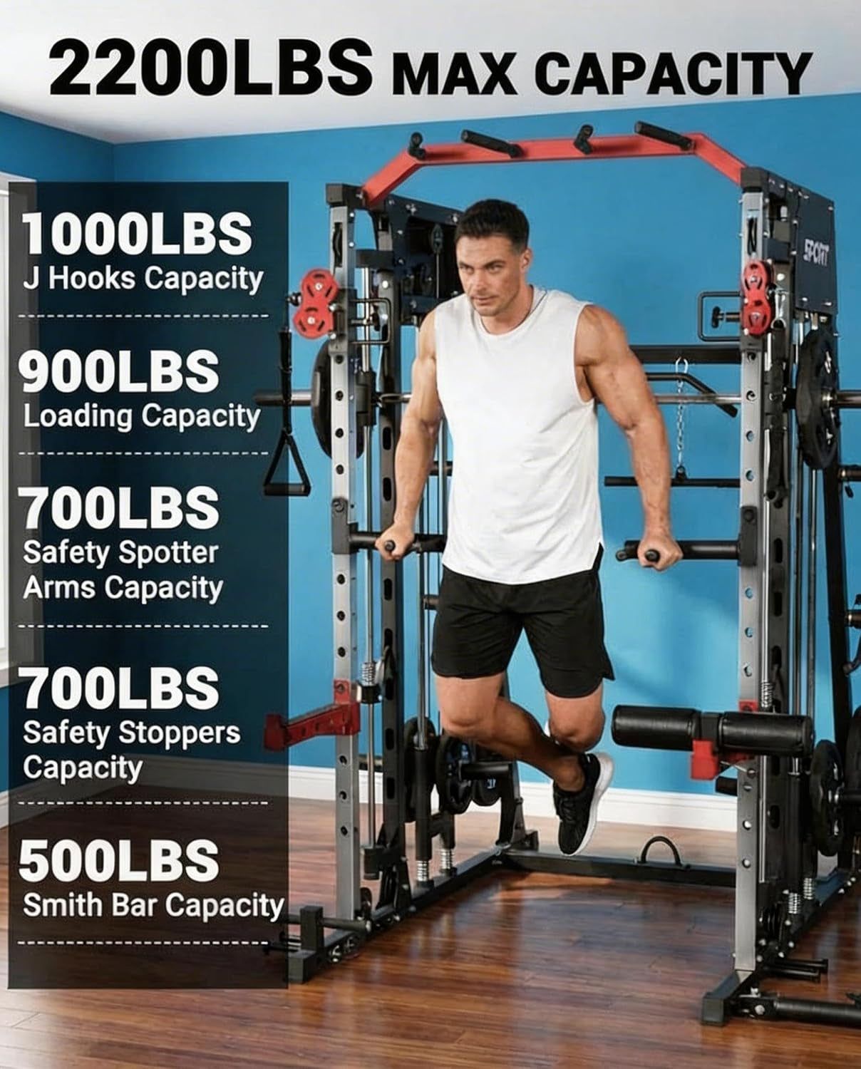 Smith Machine Home Gym, 2200LB Power Cage with Dual Pulley Cable Systems, LAT Pull-Down, Leg Hold-Down & 20+ Attachments for Full Body Workouts