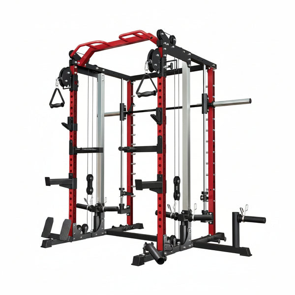Smith Machine Home Gym, Multi-Function Power Cage with Dual Pulley Cable Crossover System, All-In-One Squat Rack with Smith Bar and Strength Training Attachments for Full-Body Workouts