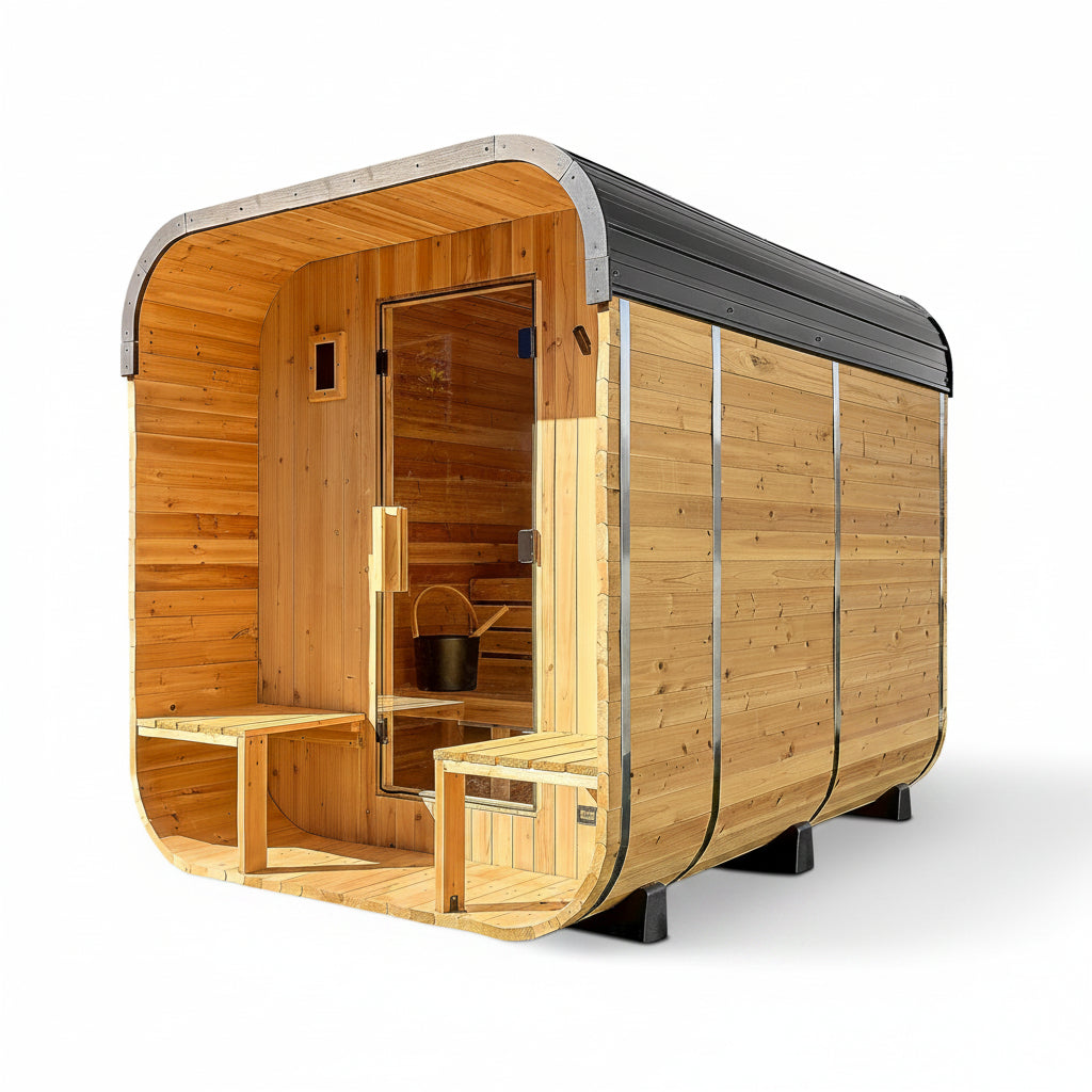 Backyard Discovery Lennon 4-6 Person Traditional Cedar Outdoor Cube Sauna with Porch, Electric Sauna Heater, Sauna Rocks, Dry Heat, Steam Sauna, LED Lights, Wi-Fi Control, Sauna Accessories