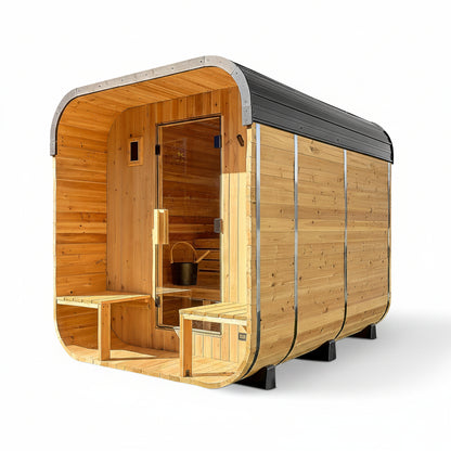 Backyard Discovery Lennon 4-6 Person Traditional Cedar Outdoor Cube Sauna with Porch, Electric Sauna Heater, Sauna Rocks, Dry Heat, Steam Sauna, LED Lights, Wi-Fi Control, Sauna Accessories